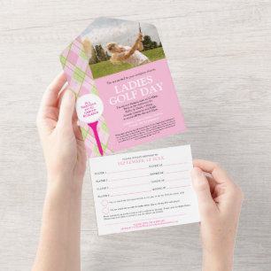 Ladies golf day pink plaid custom photo and RSVP All In One Invitation