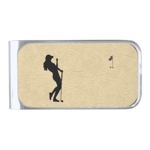 Ladies Golf Leather Look Silver Finish Money Clip