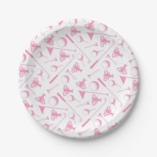 Ladies Golf Pattern Pink White Preppy Golfing Paper Plates