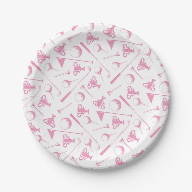Ladies Golf Pattern Pink White Preppy Golfing  Paper Plates (Front)