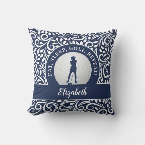 Ladies Golf Silhouette Modern Pattern Blue Throw Pillow