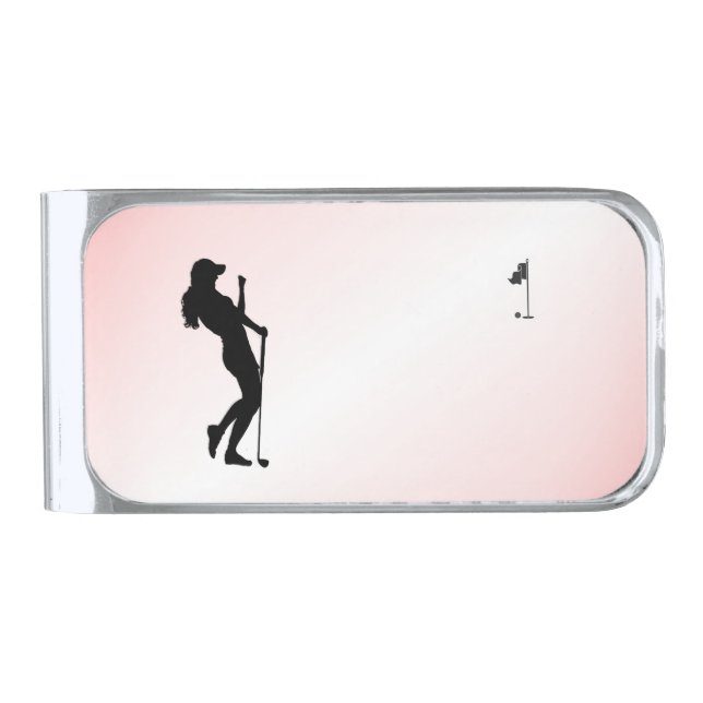 Ladies Golfer Pink Silver Finish Money Clip (Front)