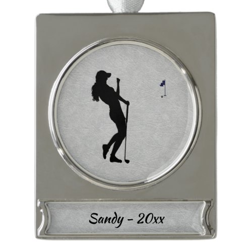 Ladies Golfer Silver Plated Banner Ornament