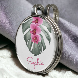 Ladies Hot Pink Orchids Tropical Floral with Name Golf Hat Clip