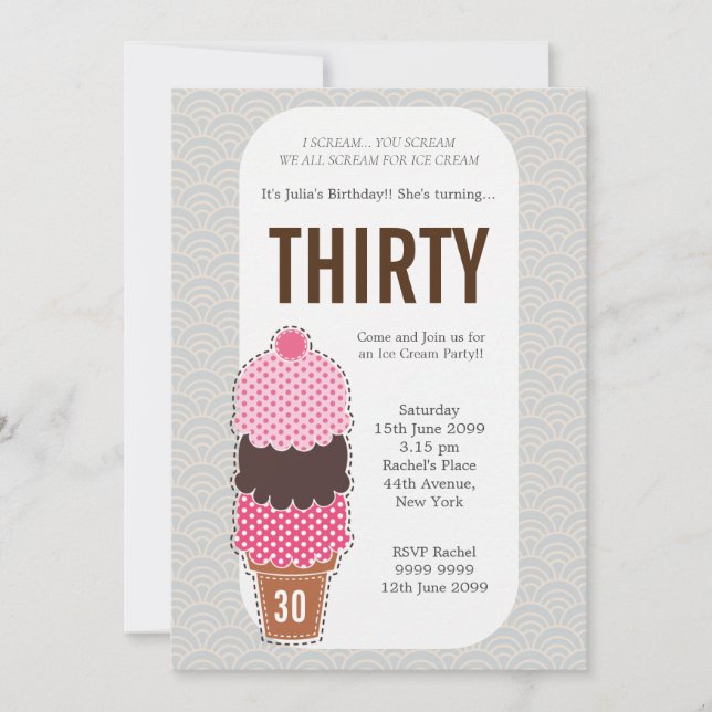 Ladies Ice Cream Cone Modern Party Birthday Custom Invitation (Front)