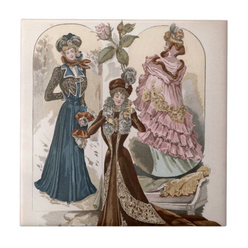 Ladies In Gowns Vintage Fashion Illustration  Ceramic Tile