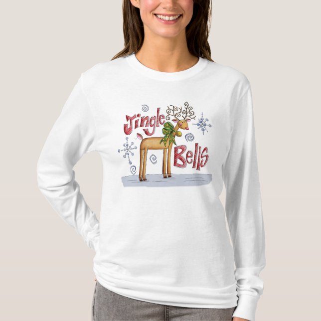 Ladies Jingle Bells Christmas Jumper - Reindeer T-Shirt (Front)