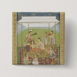 Ladies listening to music in a garden, from the Sm Pinback Button