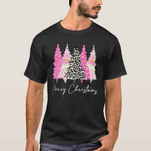 Ladies Merry Xmas Pink Trees Leopard Cute T-Shirt
