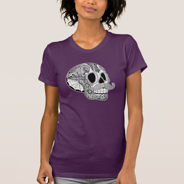 Ladies Mustache Sugar Skull Tee (Front)