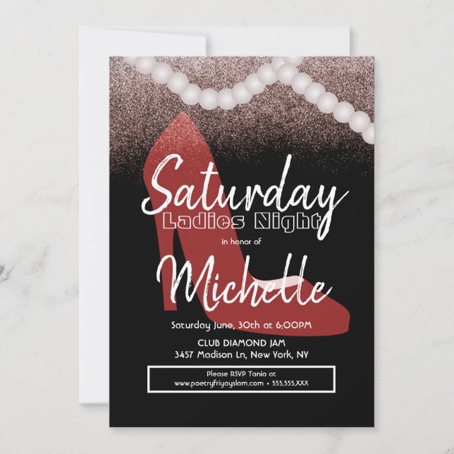 Ladies Night Birthday Party Red Heels Pearls Invitation (Front)