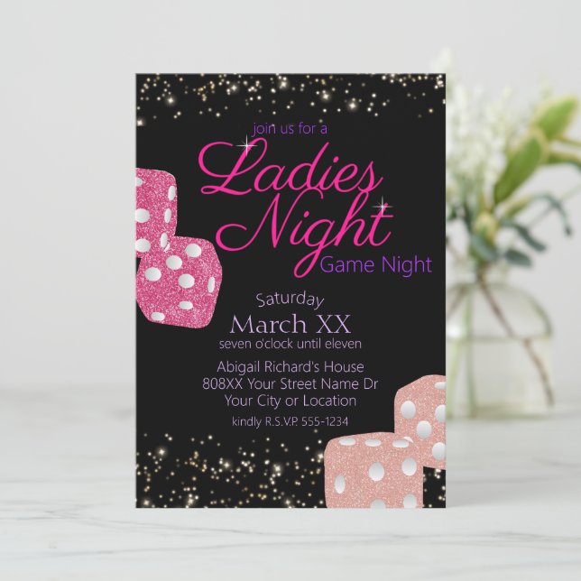 Ladies Night Neon Pink Sign Game Night Dice Invitation (Standing Front)