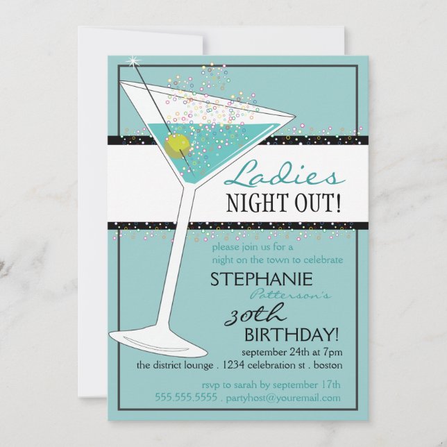 Ladies Night Out Martini Aqua Birthday Celebration Invitation (Front)