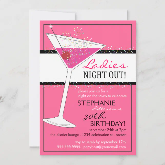 Ladies Night Out Martini Pink Birthday Celebration Invitation | Zazzle