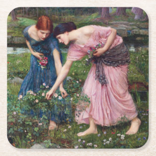 Ladies Picking Roses, John William Waterhouse Square Paper Coaster