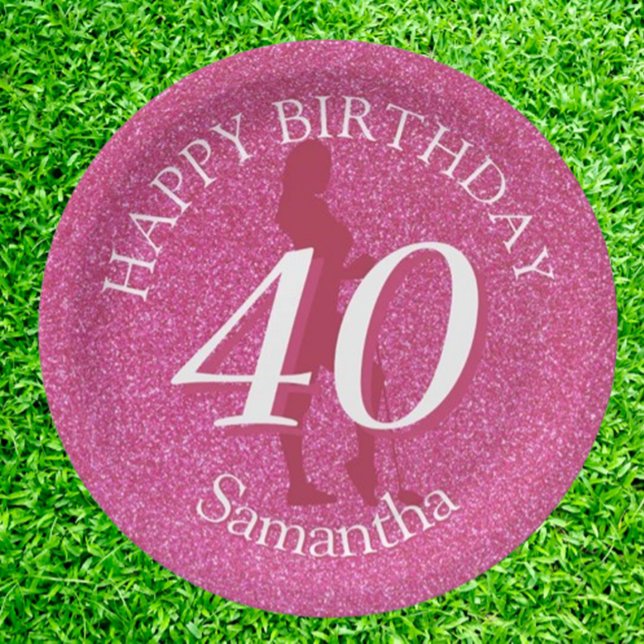 LADIES PINK GLITTER BIG BIRTHDAY PAPER PLATES (Celebrate in style with our pink glitter birthday golf gift! Perfect for the fun-loving golfer,)