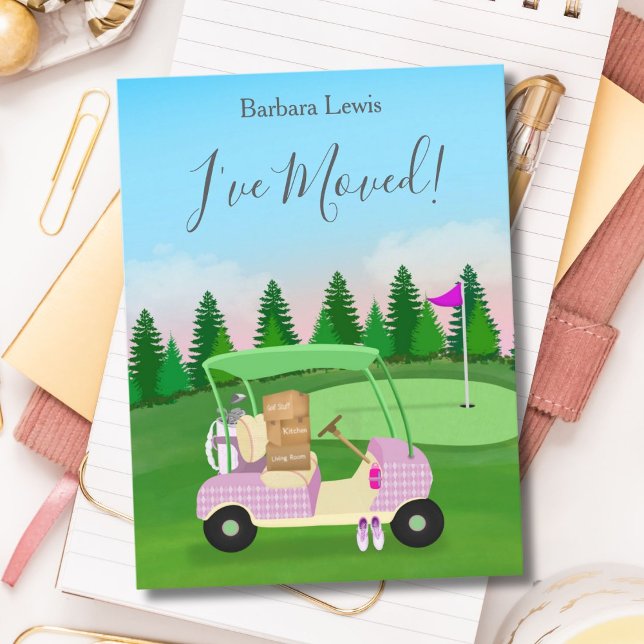 Ladies Pink Golf Cart  Moving Boxes Golf Course Announcement Postcard (Creator Uploaded)