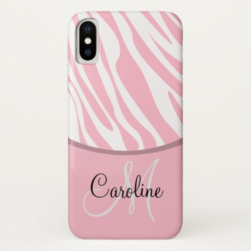 Ladies Pink Monogram Zebra Stripes iPhone XS Case