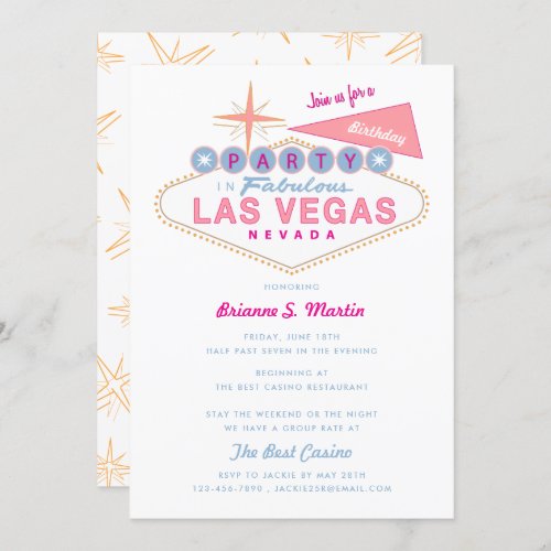 Ladies Pink Retro Las Vegas Sign Birthday Party Invitation
