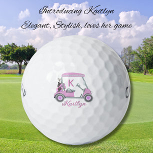 Ladies Pink Watercolor Cart Monogram Name Golf Balls