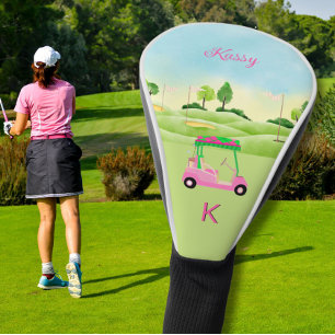 Ladies Pink Watercolor Cart Monogram Name  Golf He Head Cover