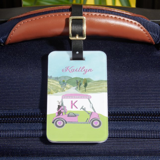Ladies Pink Watercolor Cart Monogram Name Luggage Tag (Front Insitu 2)