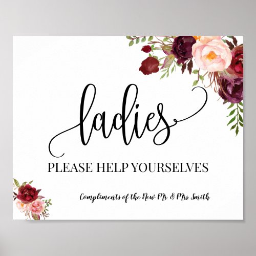 Ladies powder room wedding reception marsala sign