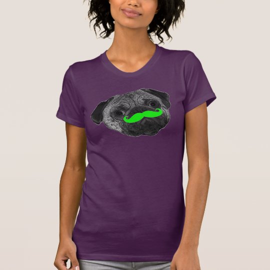 Ladies pug with green mustache tee