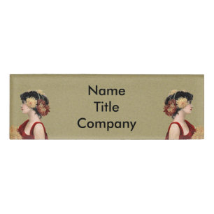 Ladies Red Dress Big Red Yellow Flowers Tan Name Tag