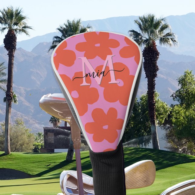 Ladies Retro Bold Pink Orange Floral Monogram  Golf Head Cover (Creator Uploaded)