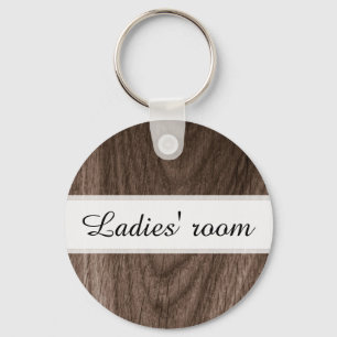 Ladies room bathroom keychain, brown wood grain keychain