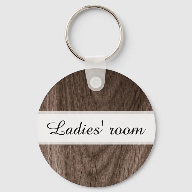 Ladies room bathroom keychain, brown wood grain keychain (Front)