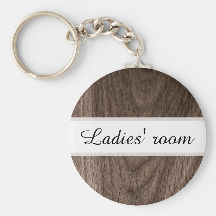 Ladies room bathroom keychain, brown wood grain keychain