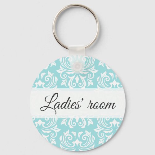 Ladies room pale blue damask pattern bathroom keychain