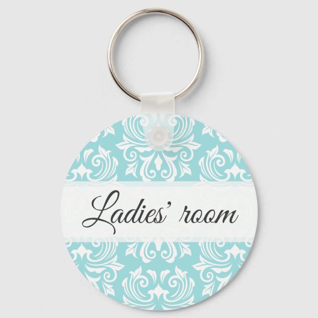 Ladies room pale blue damask pattern bathroom keychain (Front)