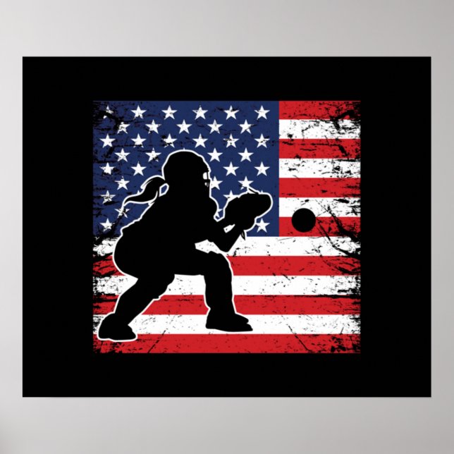 Ladies Softball Catchers Gear Stuff USA Flag Poster (Front)