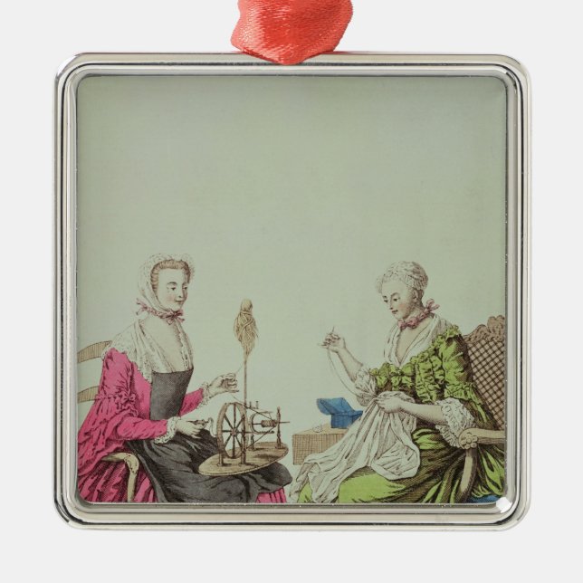 Ladies spinning and sewing, c.1765 metal ornament (Front)