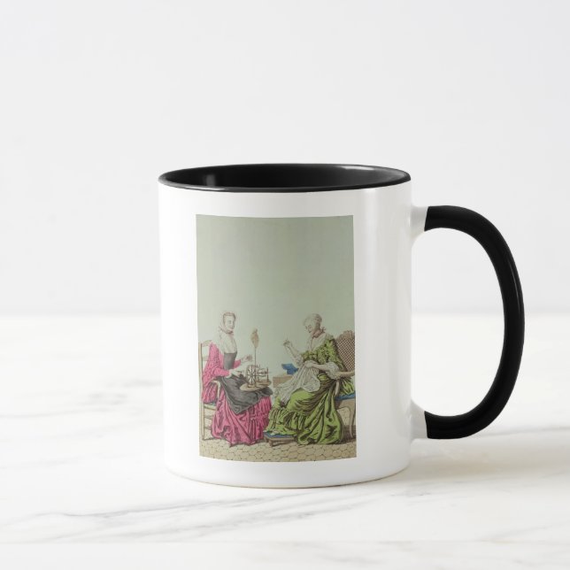 Ladies spinning and sewing, c.1765 mug (Right)