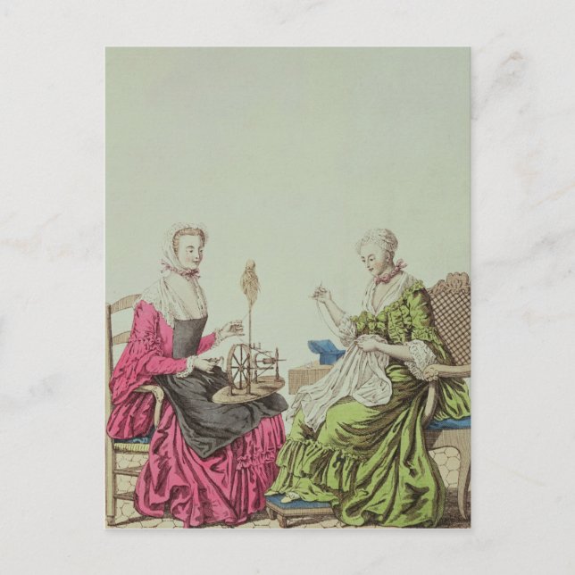 Ladies spinning and sewing, c.1765 postcard (Front)