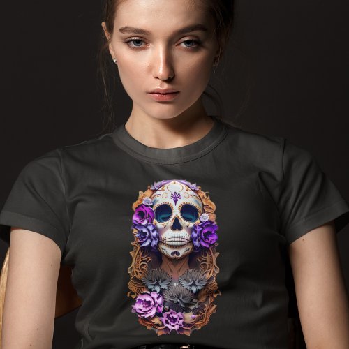 Ladies Sugar Skull Colorful Day of Dead Skull T_Shirt