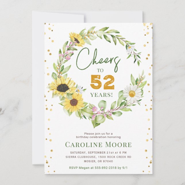 Ladies Sunflower Birthday Cheers to Years Elegant Invitation (Front)