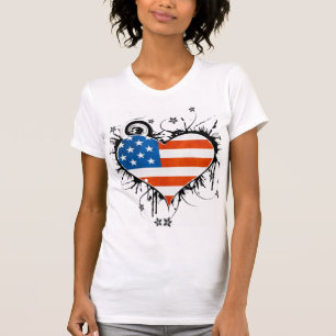 Ladies USA Flag Grungy Floral Heart Frame T-Shirt