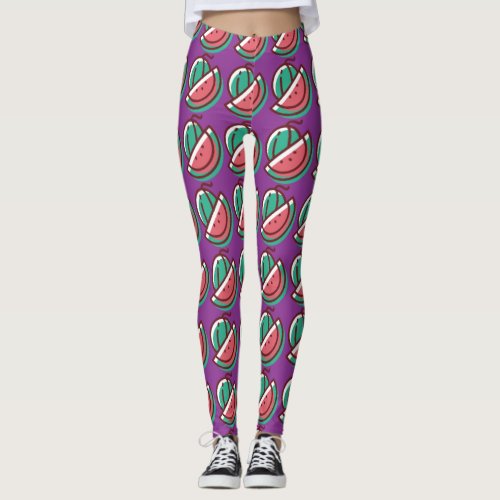  Ladies Violet Green Watermellon Pattern Leggings 