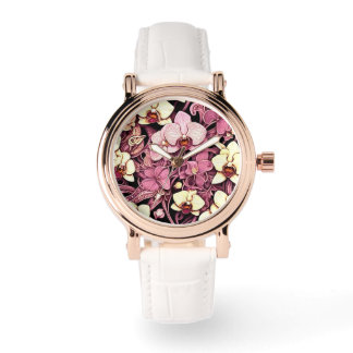 Ladies watch white with orchid design face