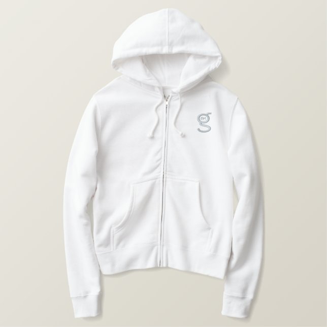 Ladies White Zip Hoodie w Pink Logo (Design Front)