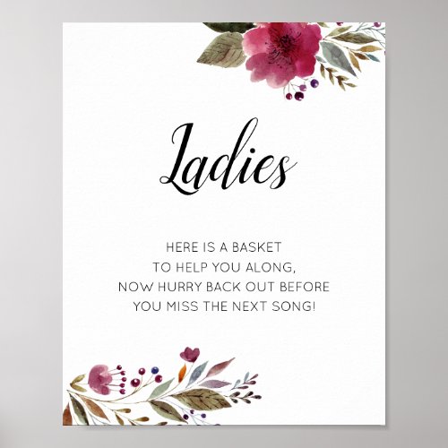 Ladies Womens Bathroom Basket Sign Burgundy Floral