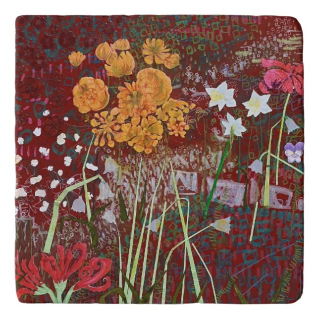 Ladrie's Garden in Red Throw Pillow Trivet (Front)