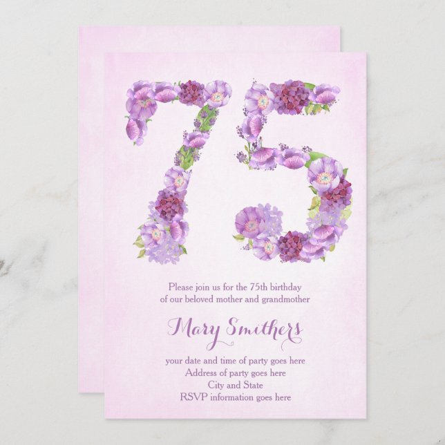 lady 75th birthday invitations, lavender invites (Front/Back)