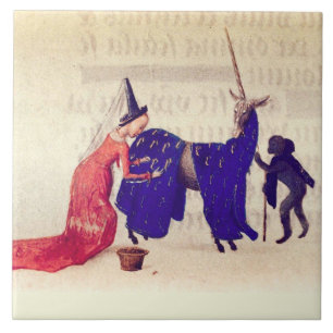 LADY ADJUSTING TRAPPINGS ON UNICORN HELD BY MONKEY CERAMIC TILE