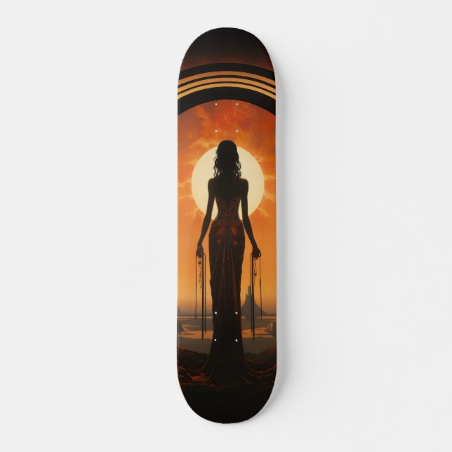 Lady Against Sunset Art Nouveau Sci-Fi Dystopia Skateboard (Front)